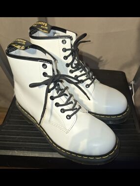 Dr. Martens White Lace-Up Combat Boots with Yellow Stitching Detail